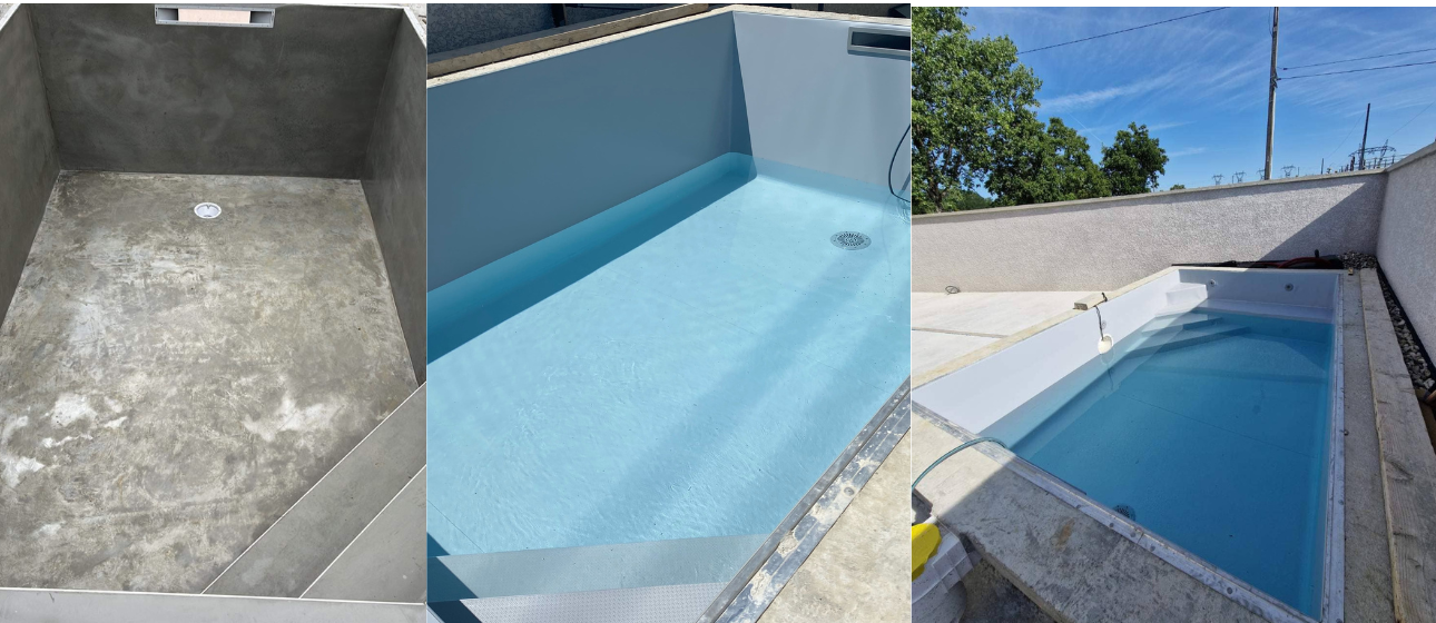 Enduit ciment piscine fini et pose de membrane pvc armé gris anthracite APF Pool Design Renolit France SOPREMAPOOL Alkorplan