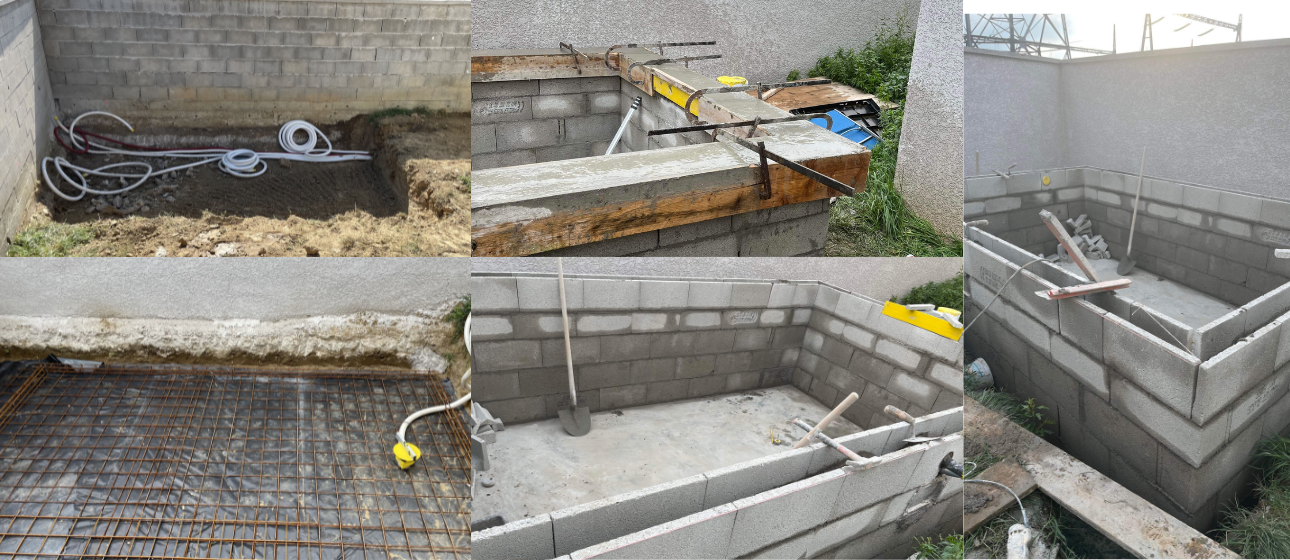 Maçonnerie piscine agglo parpaing fond et mur béton