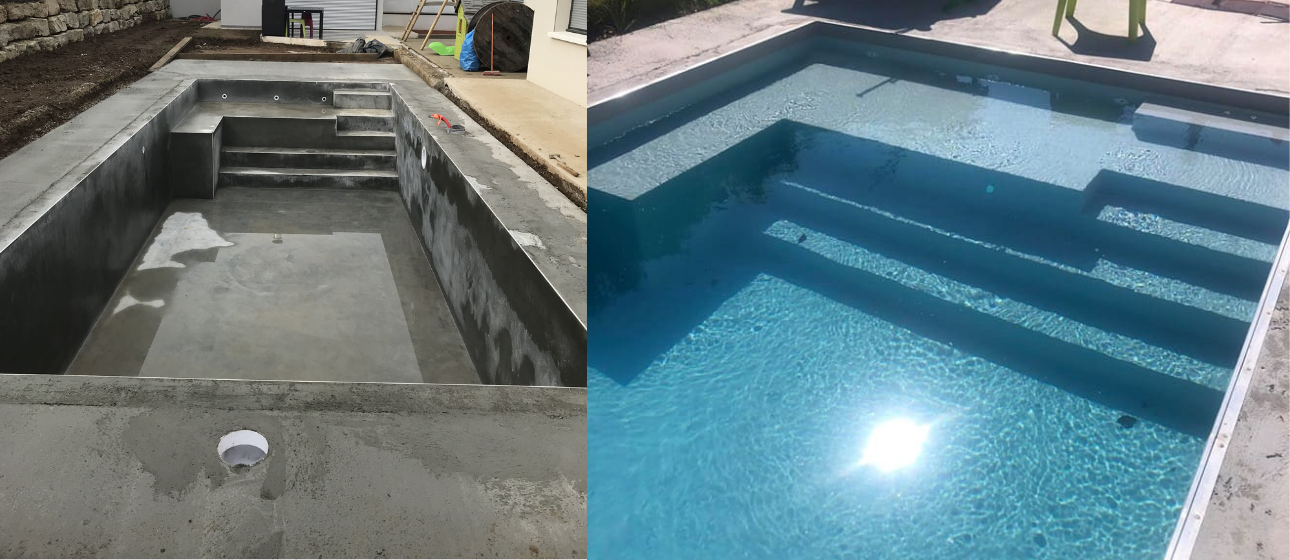 piscine avec banquette et escalier sur mesure avec membrane pvc armé